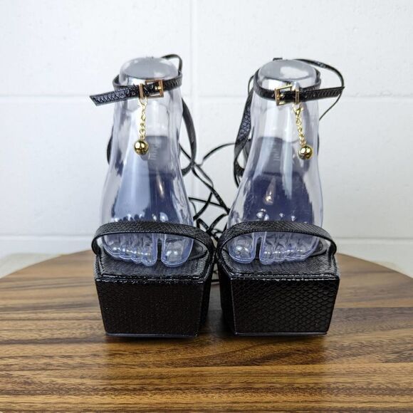 Simmi London Daina Black Patent Faux Snake Print Lace Up Platform Block Heel - Picture 3 of 16
